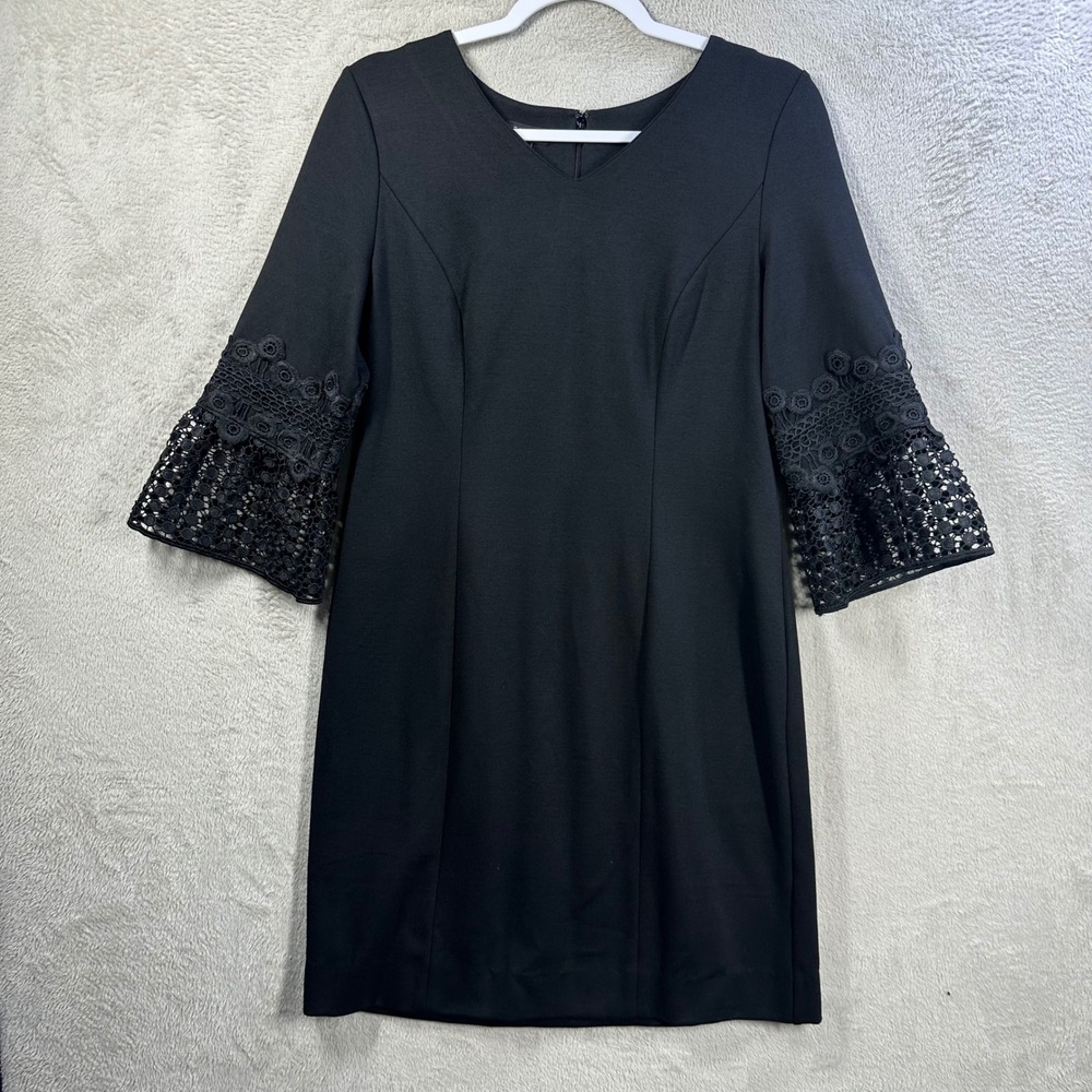 Talbots Petites Black Bell Sleeve Crochet Lace Sheath Dress 8P V-Neck Ponte Knit